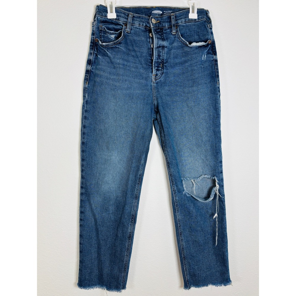 Old Navy Sky-Hi Straight Extra High Rise Distressed Jeans Blue Size 10 Buttonโ